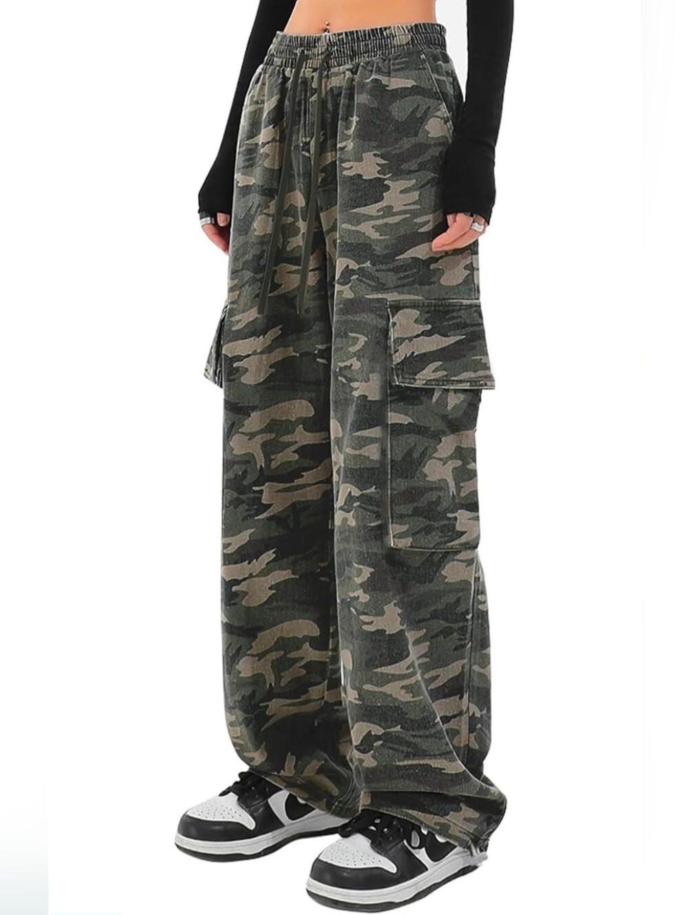 Woman's Baggy Drawstring Camouflage Cargo Pants - Olive Green Size XL